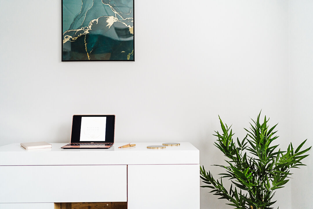 white desk with laptop on it and plant by the side